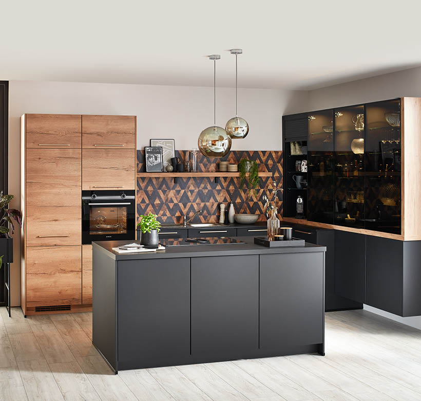 Möbel-Schau Design Küche Easytouch Como-Nizza Grafitschwarz, Eiche Sierra Nachbildung schwarz strukturiert